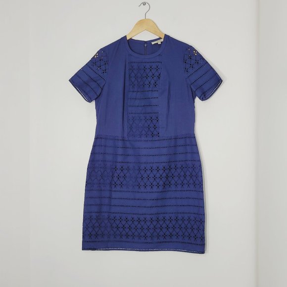 Lark & Ro Navy Blue 100% Cotton Short Sleeve Back Zipper Mini Sheath Dress Sz 6 - Picture 1 of 11